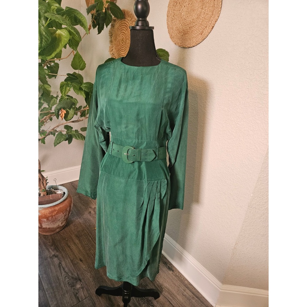 Argenti Sport Dresses Vintage Emerald Green 100% Silk Belted Midi Dress Size 8
